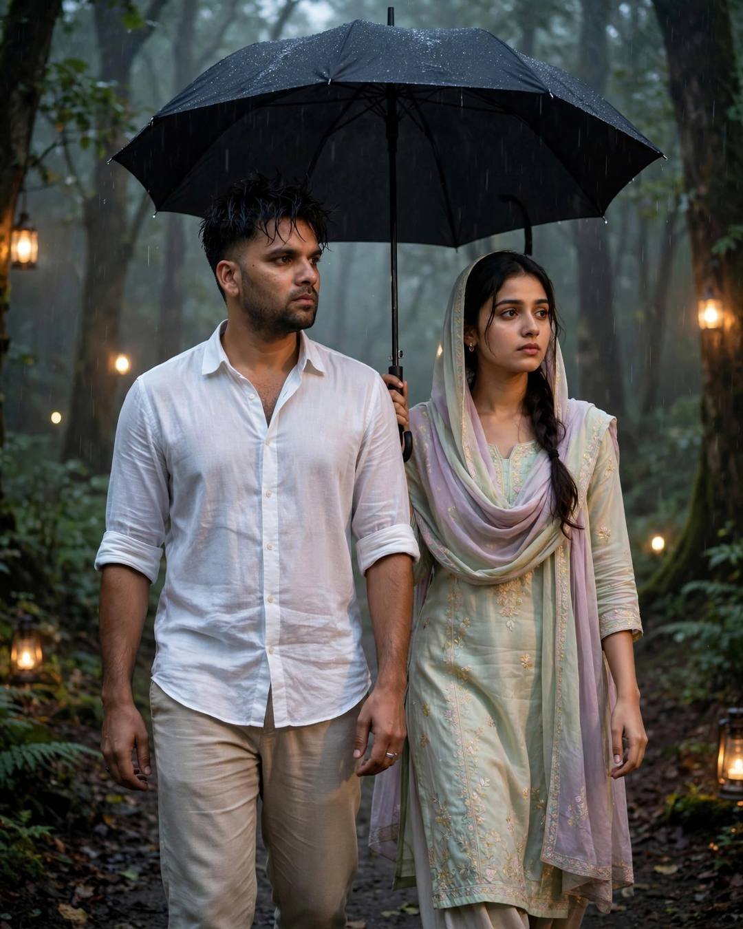 AI portrait of a young couple walking side by side under one umbrella on a misty forest path in drizzle, the man in a white linen shirt and the woman in a pastel salwar-kameez, lanterns glowing