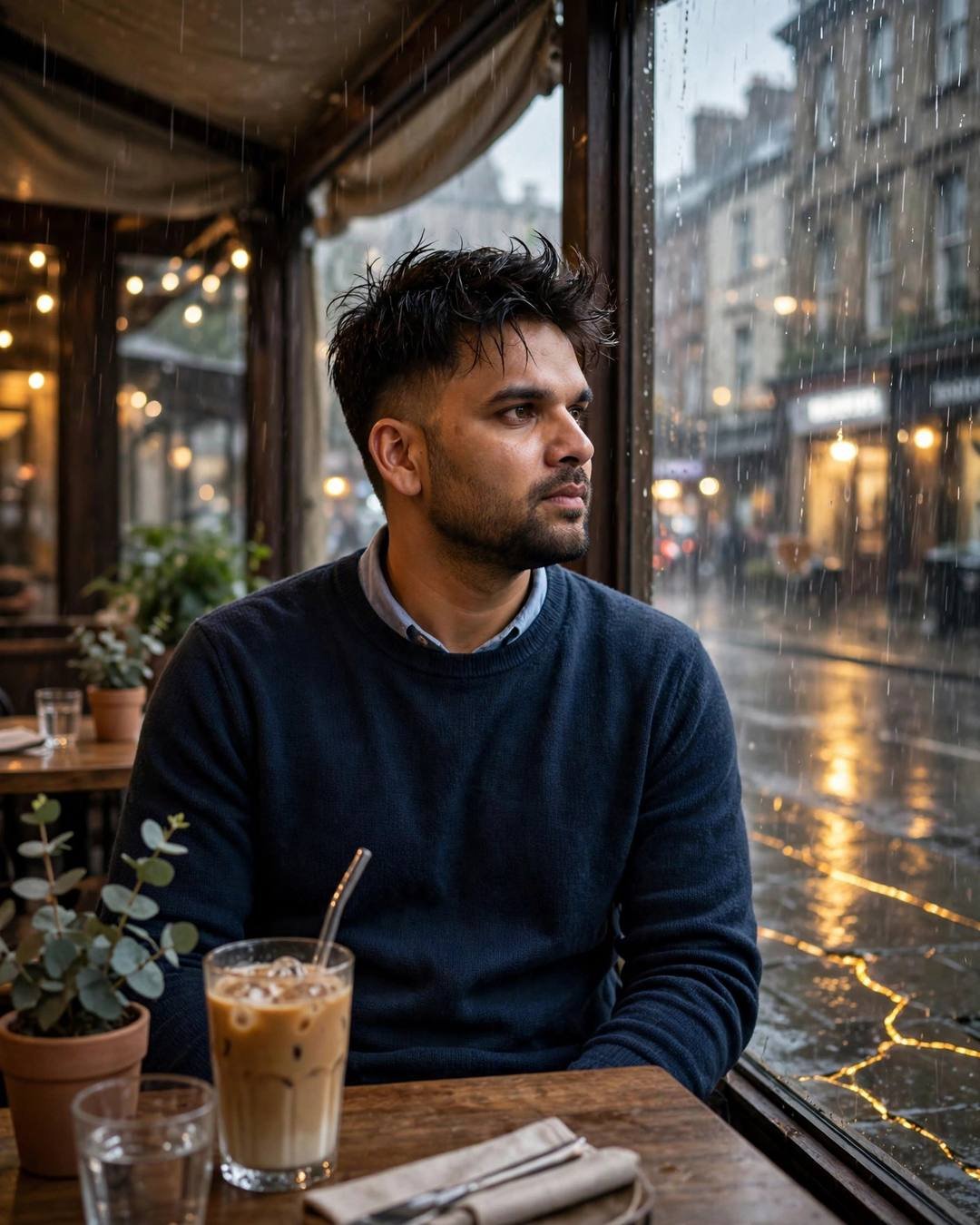 Young man in navy sweater sitting at a cafe table with an iced coffee, gazing at a rain-soaked street through the window