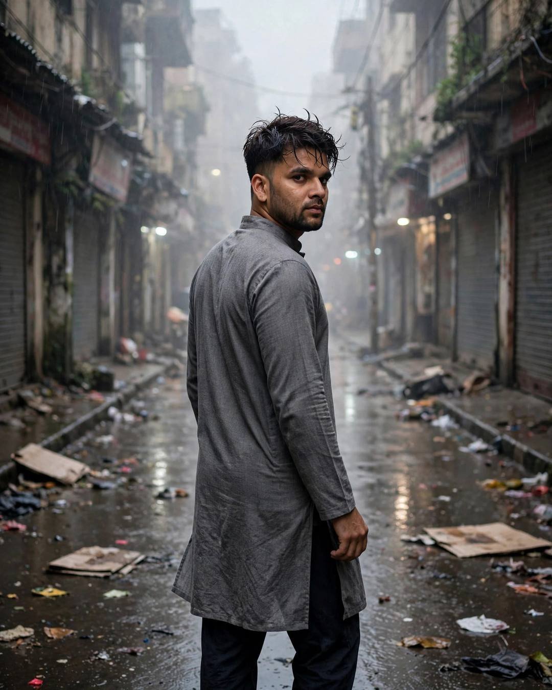 Young Indian man in grey kurta walking away down a foggy rain-soaked street, looking back over his shoulder