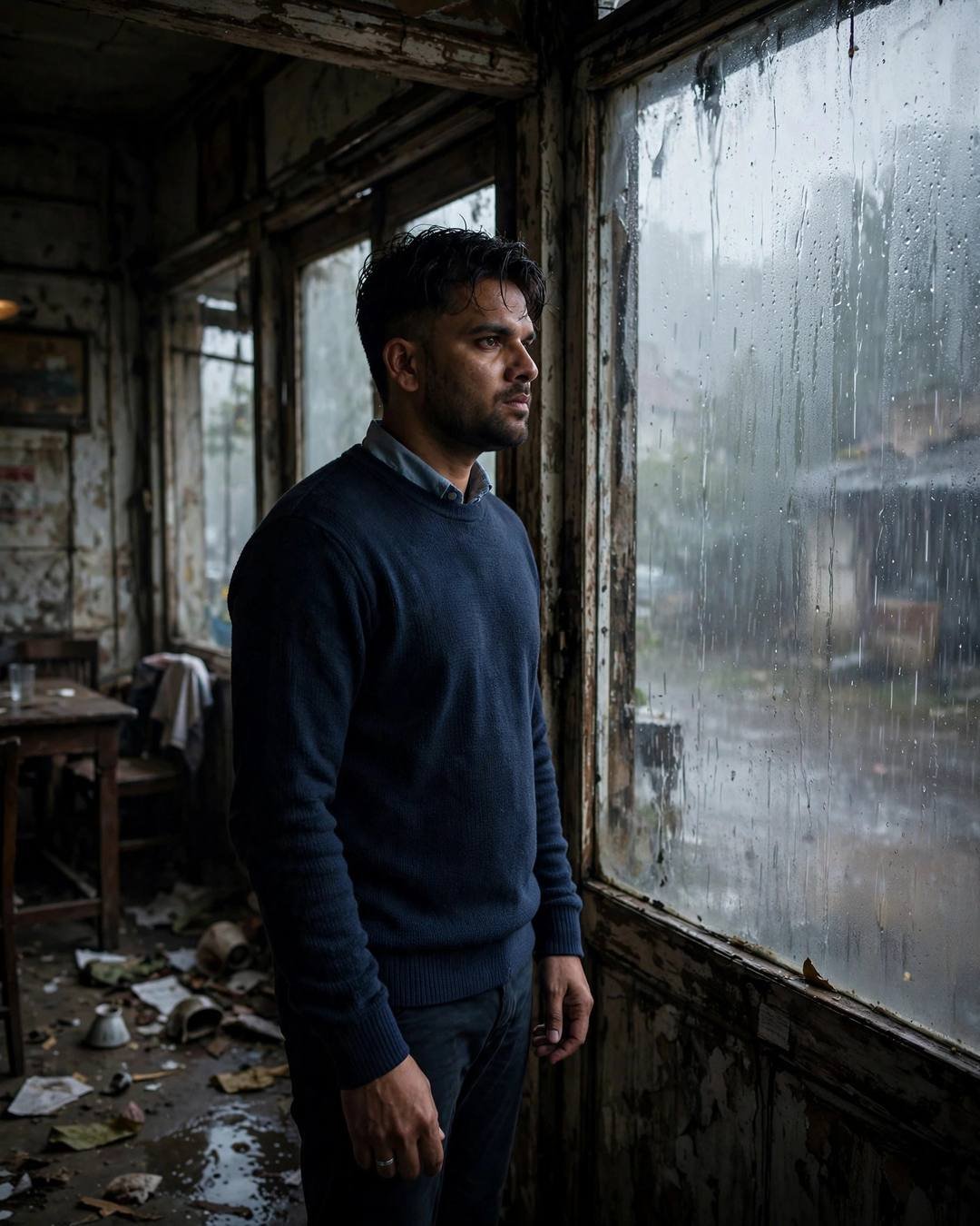 Young Indian man in navy sweater standing in an old shuttered cafe by a rain-streaked window, debris on the floor