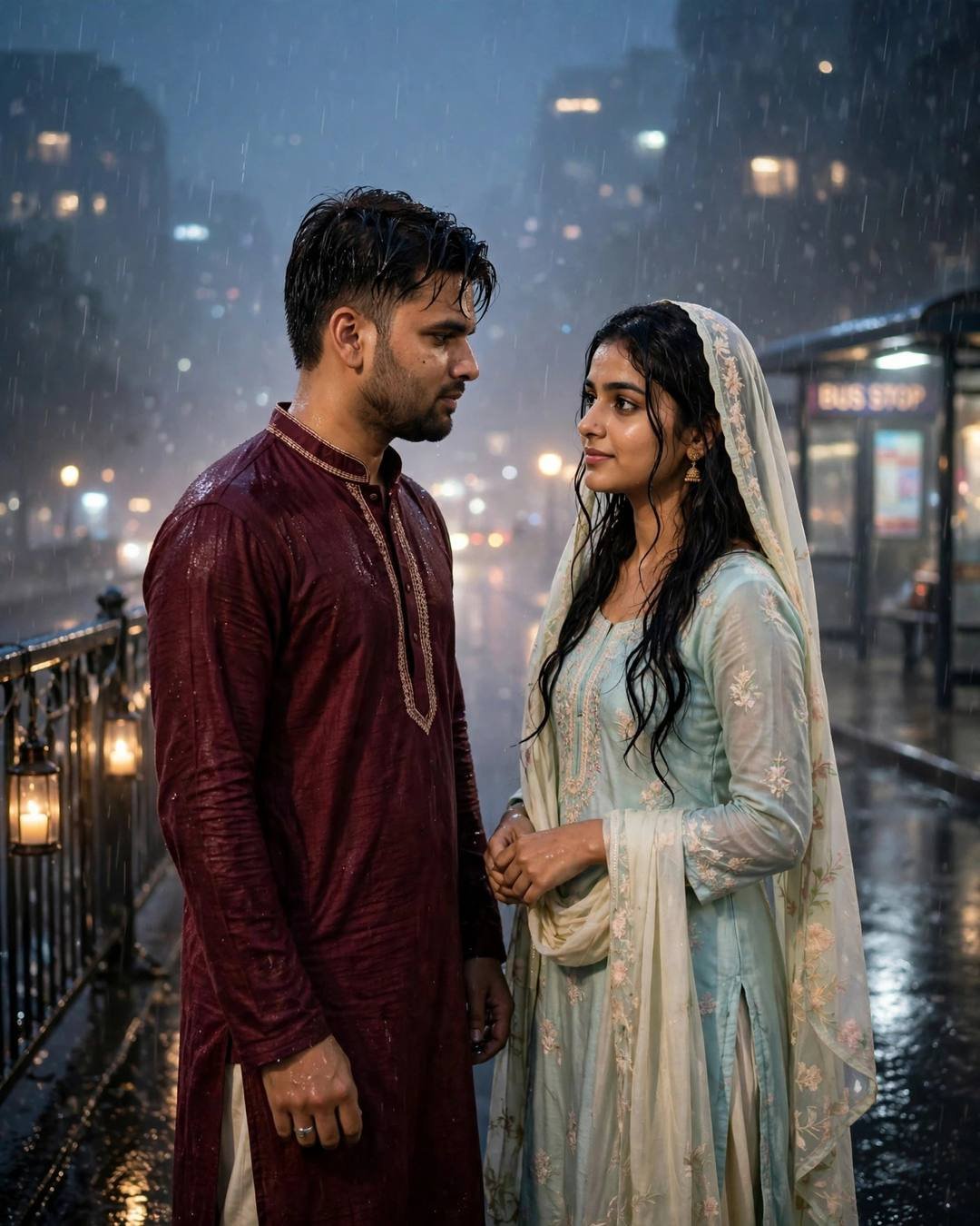 AI couple portrait — man in maroon kurta and woman in pastel salwar-kameez standing face to face on a rainy bridge lit by lanterns