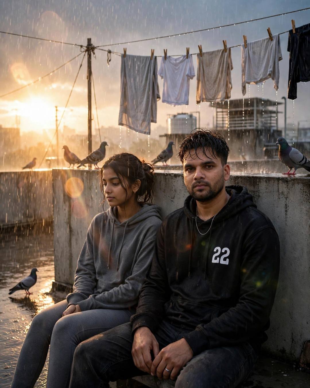 AI couple portrait — man in black hoodie and woman in grey hoodie sitting on a rain-soaked terrace with pigeons and golden backlight
