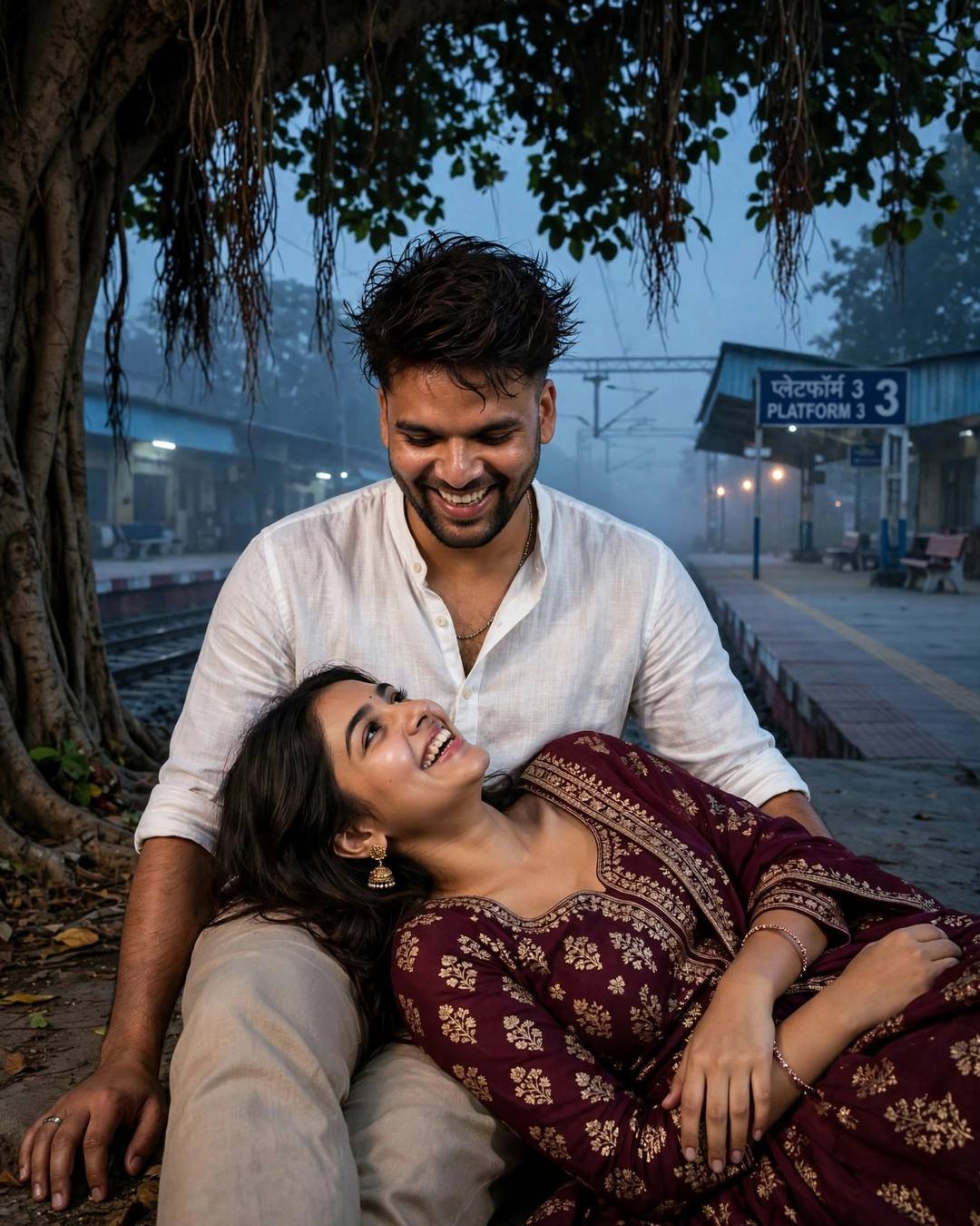 AI couple portrait — laughing man in white linen shirt with woman in maroon anarkali resting her head in his lap at an empty station