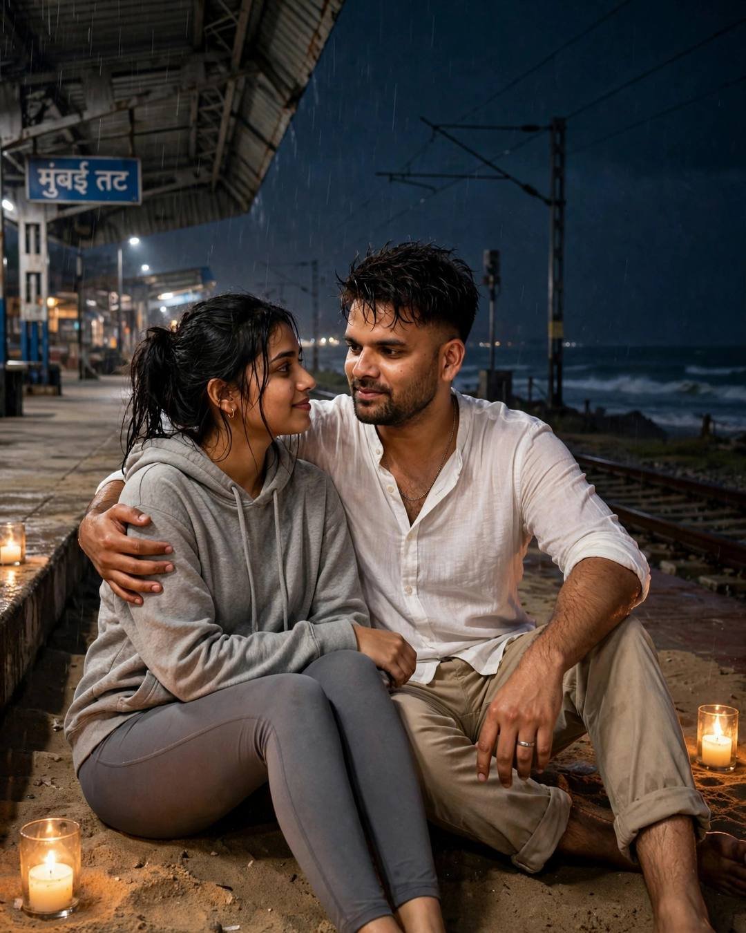 Couple sitting close on an empty railway platform at night by the sea, candles flickering, eyes locked