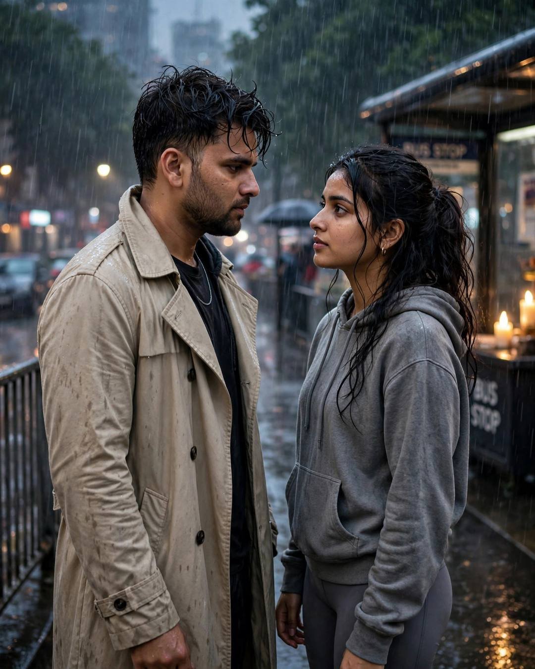 AI couple portrait — man in beige trench coat and woman in grey hoodie facing each other in rain at a bus stop with candles