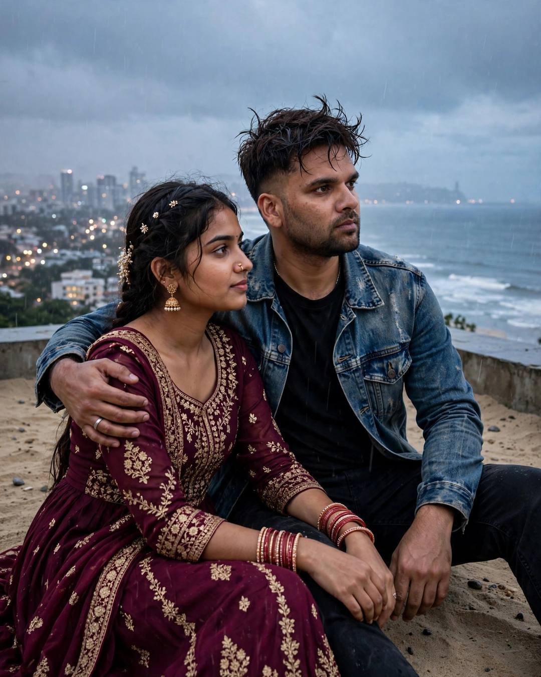 AI couple portrait — man in denim jacket with arm around woman in maroon anarkali on a beach between sea and city lights