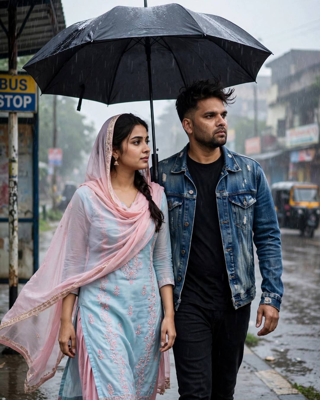 AI couple portrait — man in denim jacket and woman in pastel salwar-kameez walking under one umbrella at a bus stop in rain