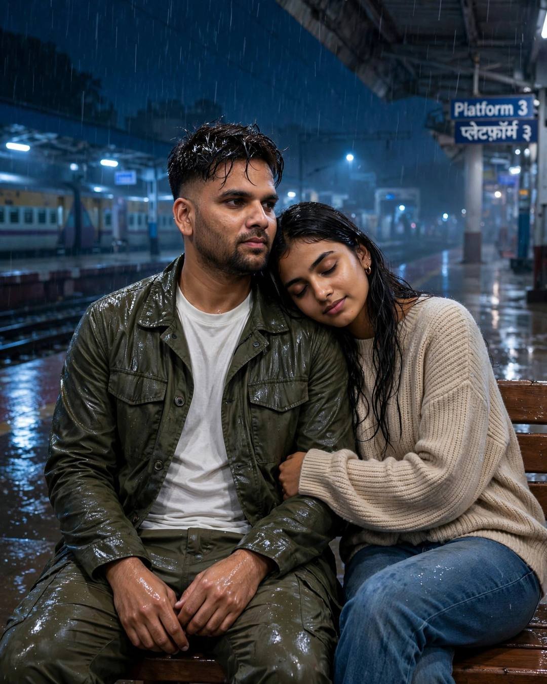 Indian couple on a bench at a rainy railway platform at night, woman's head on man's shoulder, man in olive field jacket