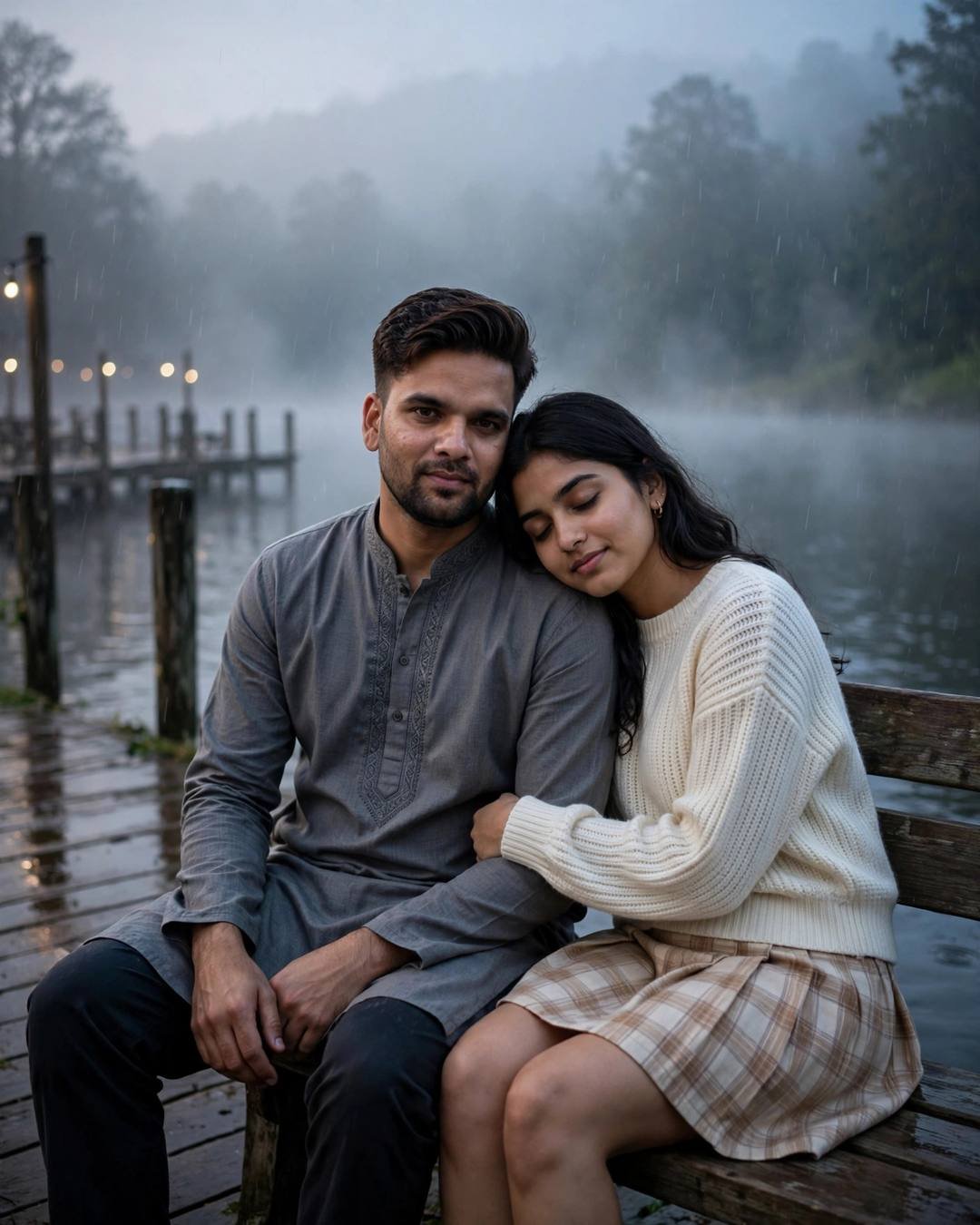 Indian couple on a bench at a misty lake pier at dawn, woman's head on man's shoulder, man in grey kurta
