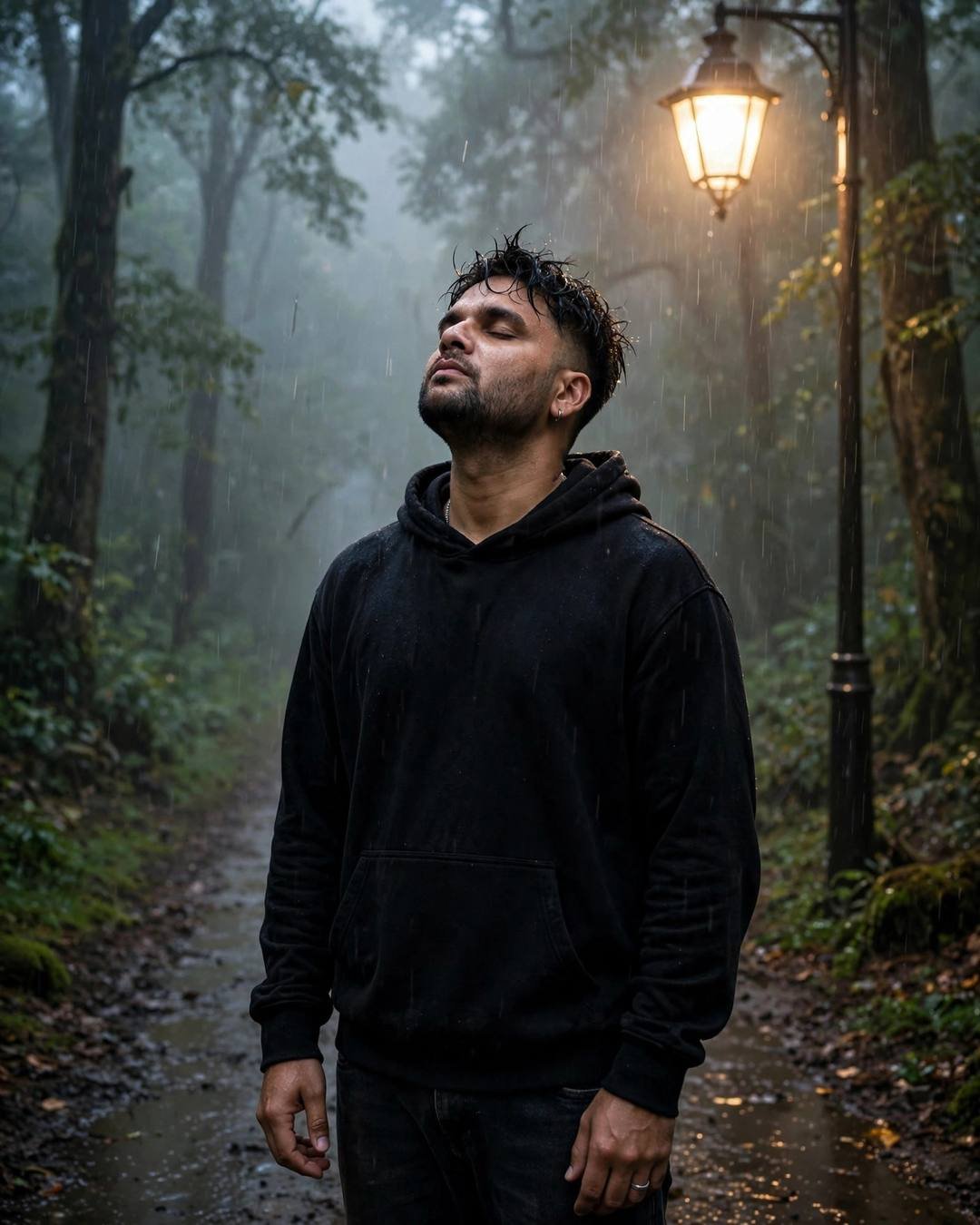 Young Indian man in black hoodie standing under a streetlamp on a misty forest path in drizzle, face lifted to the sky