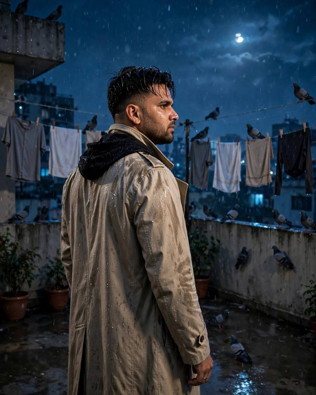 Young Indian man in beige trench coat on a moonlit terrace with drying clothes lines and pigeons, looking over his shoulder
