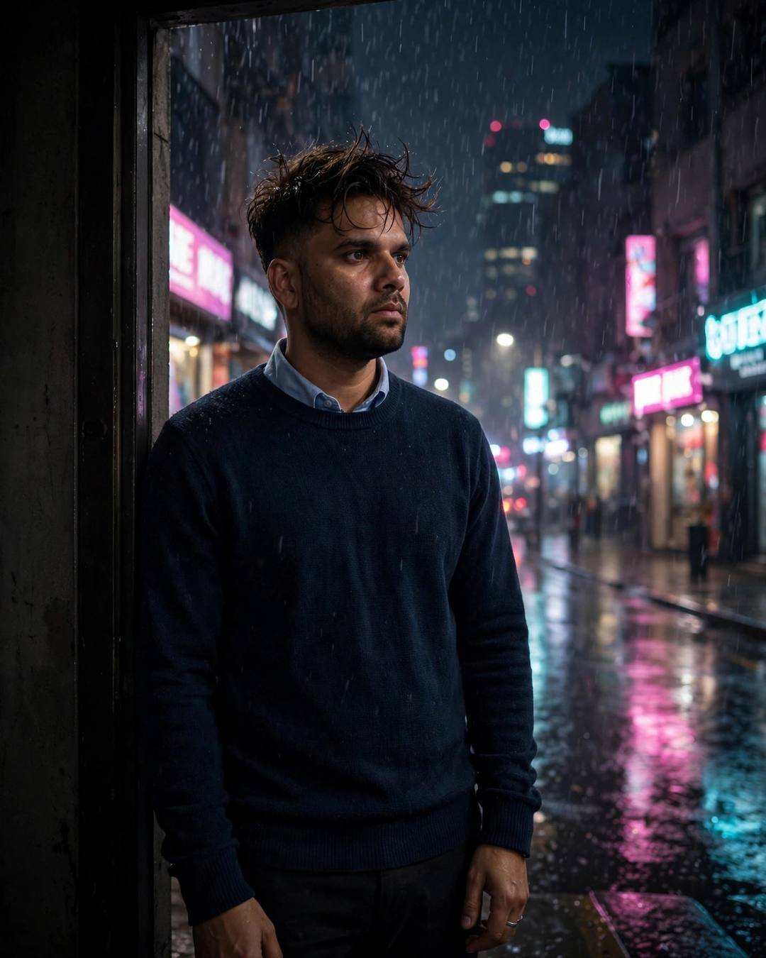 Young Indian man in navy sweater standing in a doorway on a neon-lit rainy street at midnight