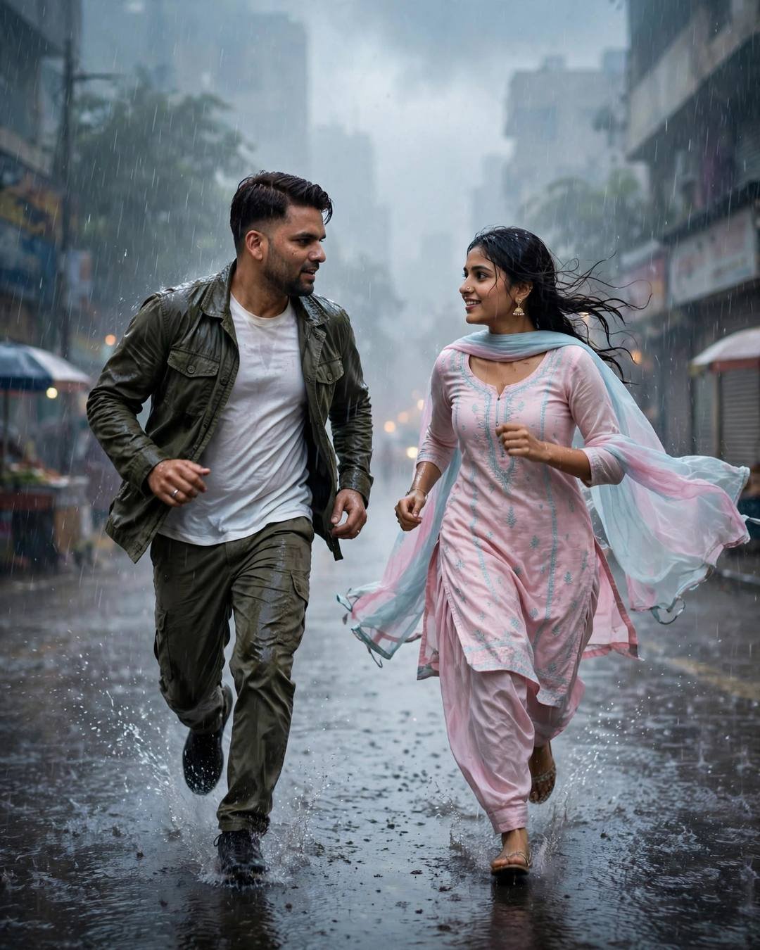 Indian couple running and laughing through a monsoon-flooded street, man in olive field jacket, woman in pink salwar-kameez