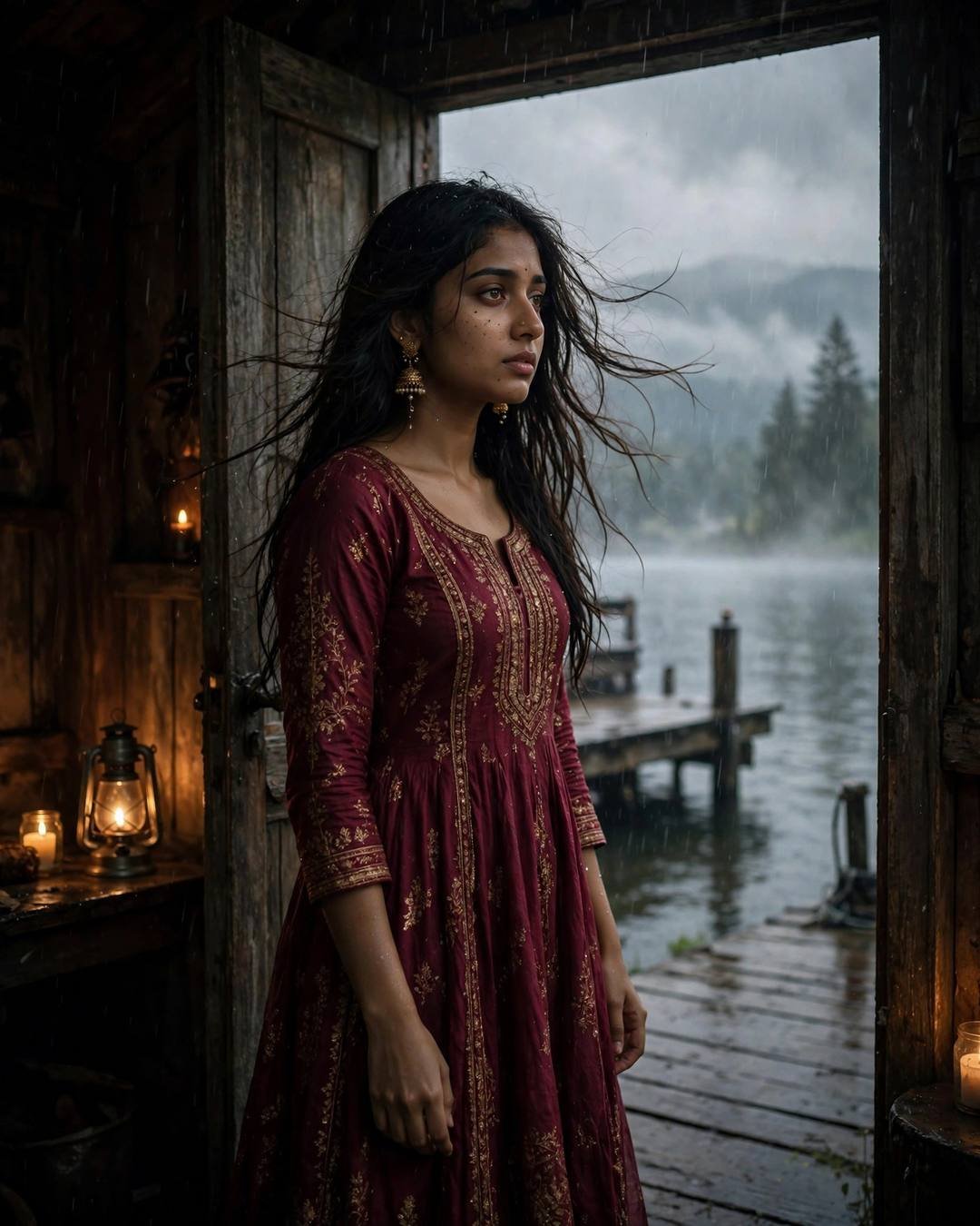 Young Indian woman in maroon anarkali standing in a wooden doorway at a lake pier in light rain, lanterns glowing behind her