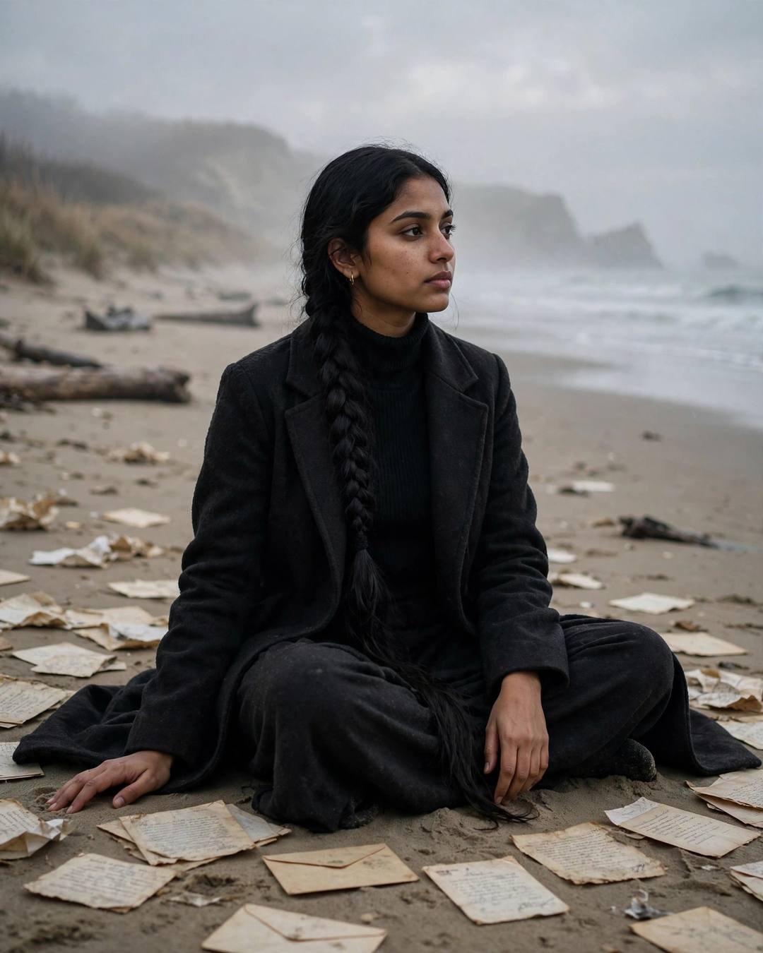 Young Indian woman in black coat sitting cross-legged on a foggy beach surrounded by old letters and envelopes