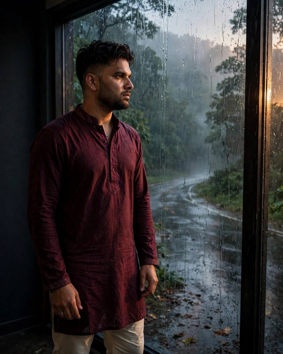 Young Indian man in maroon kurta standing at a rain-streaked window overlooking a misty forest path