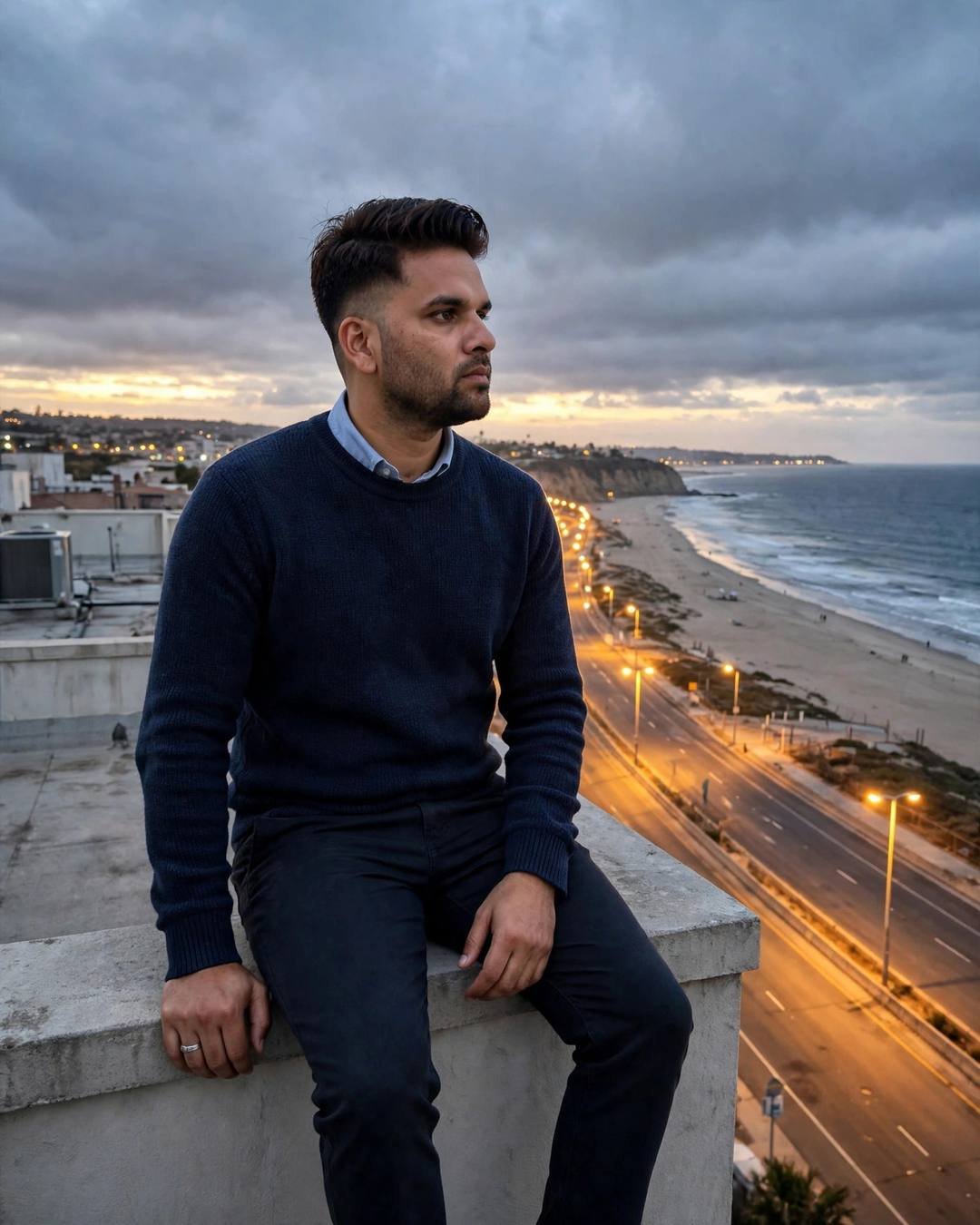 Young Indian man in navy sweater sitting on a rooftop ledge above a beach highway at dusk