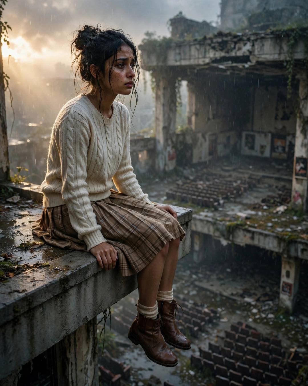 AI portrait of a young Indian woman in a cream knit top and plaid skirt sitting on a ledge with legs dangling at an abandoned cinema hall in dawn drizzle