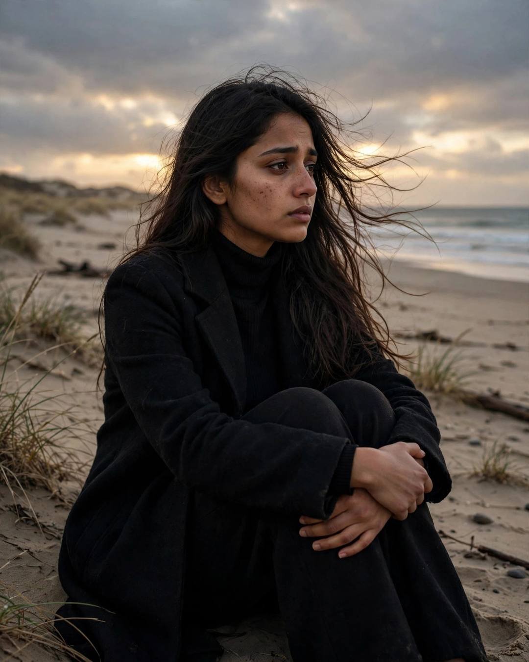 AI portrait of a young Indian woman in a black turtleneck and long coat sitting with knees drawn up on a deserted beach at dusk