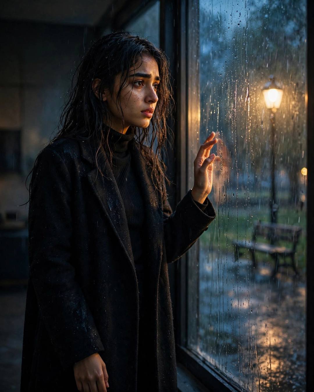 AI portrait of a young Indian woman in a black turtleneck and long coat standing at a rain-streaked window with one hand on the glass, park bench and lamp outside in drizzle