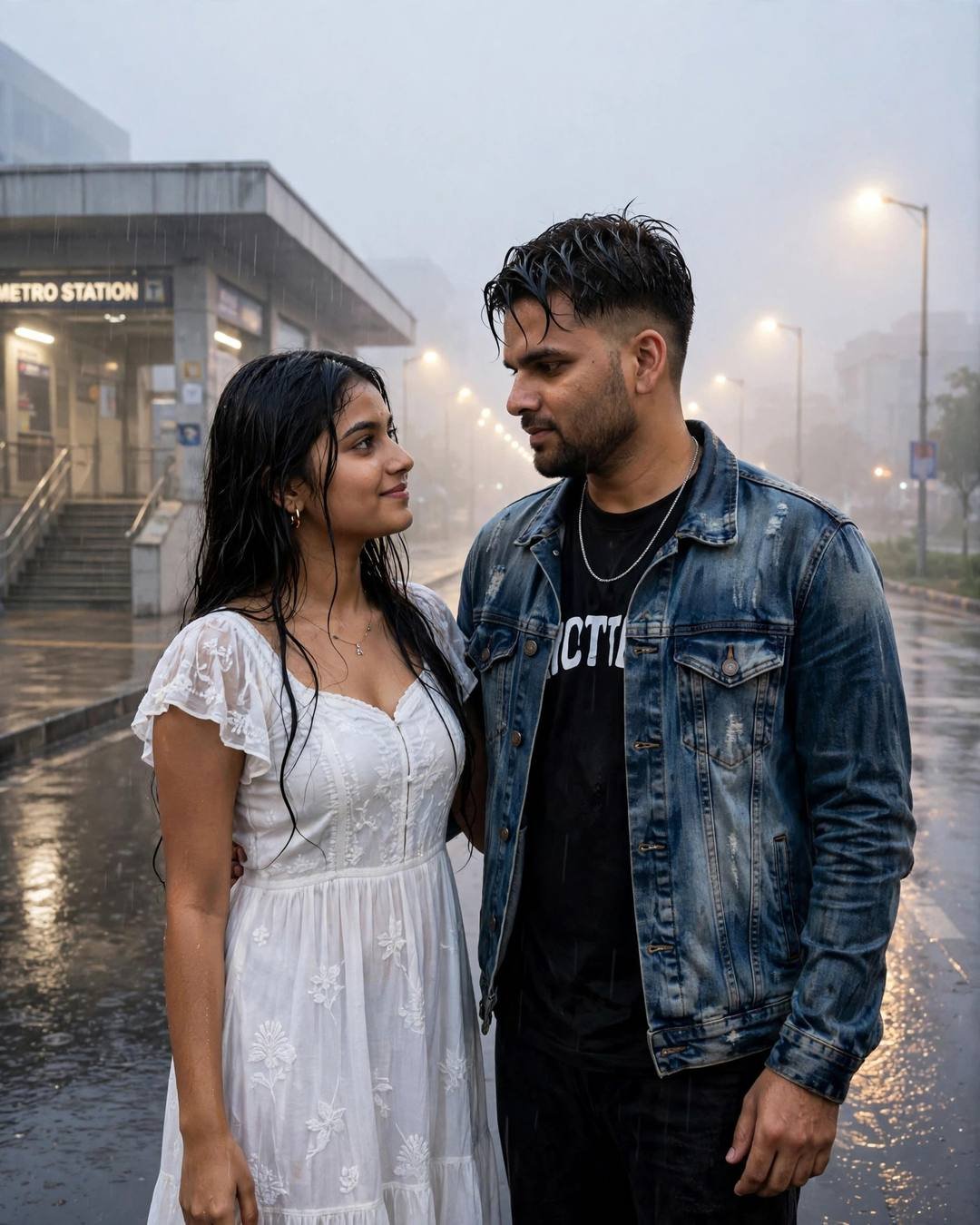 Couple dancing slowly in light rain outside a metro station at night, man in denim jacket, woman in flowing white dress