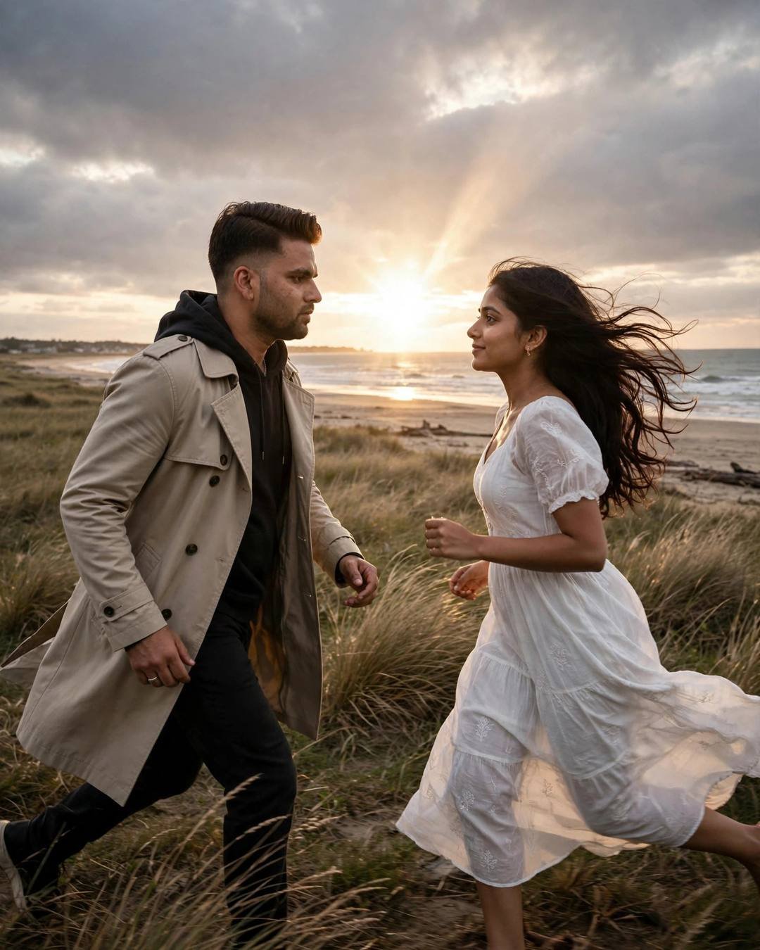 Couple running toward each other across beach dune grass at sunset, man in beige trench coat, woman in flowing white dress
