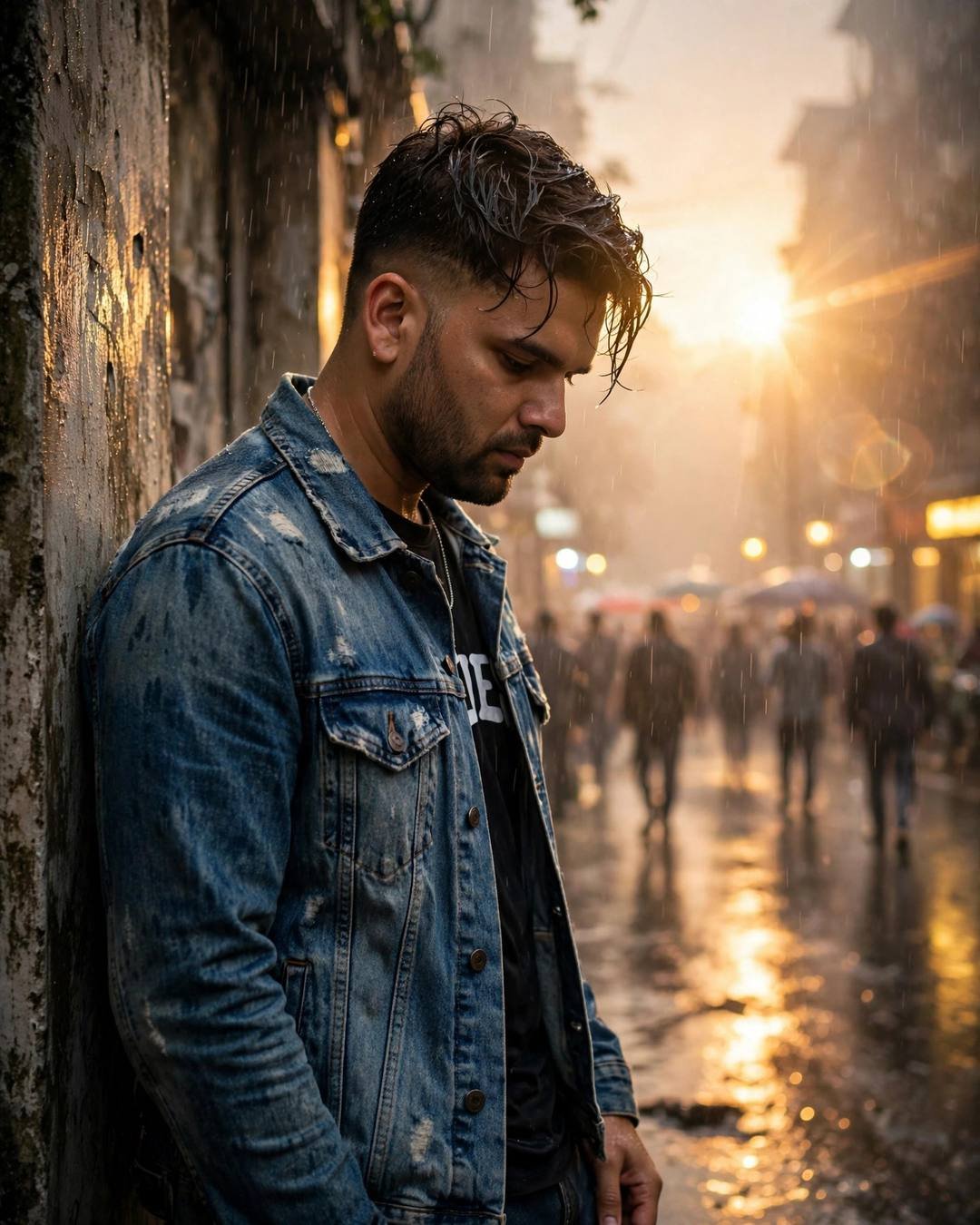 Young Indian man in a distressed denim jacket leaning against a weathered wall in the rain, head tilted down, golden-hour backlight flaring through the storm