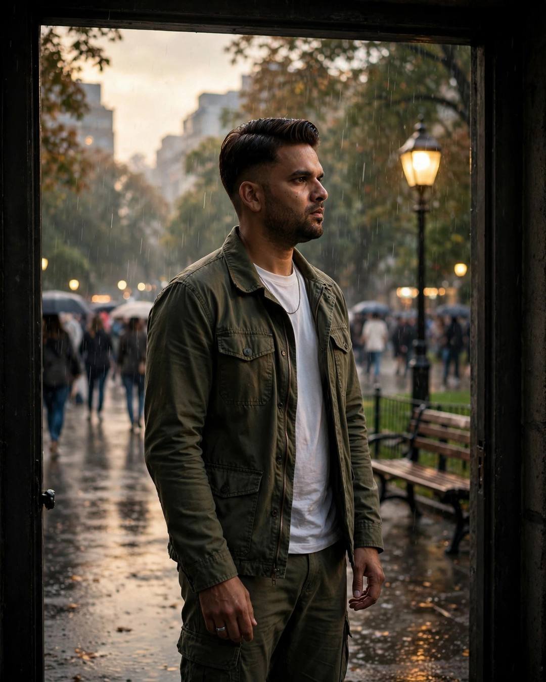 Young Indian man in an olive field jacket standing half in shadow in a doorway, looking out at a rainy park where people walk with umbrellas under a lone lamp