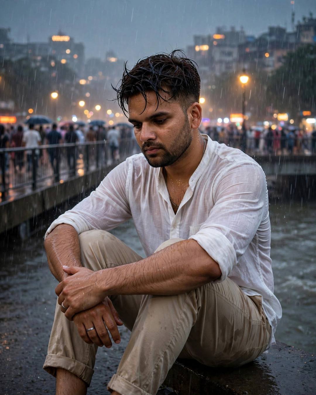 Young Indian man in a soaked white linen shirt sitting with knees drawn up on a bridge in heavy monsoon rain, city lights glowing through the storm behind him
