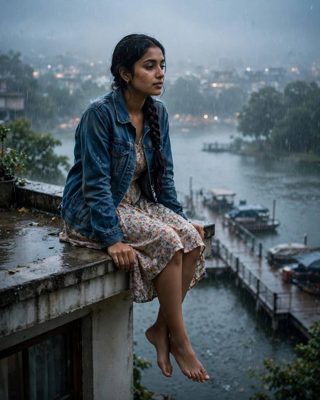 Young Indian woman in a denim jacket over a floral dress sitting on a rooftop ledge above a lake pier in heavy monsoon rain at dawn, city lights glowing through the storm