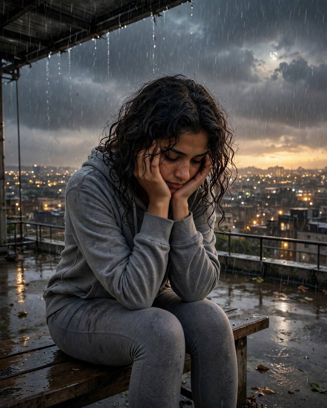 Young Indian woman in a grey hoodie with rain-soaked curls sitting on a rooftop bench with her head in her hands, monsoon rain falling around her as city lights glow below