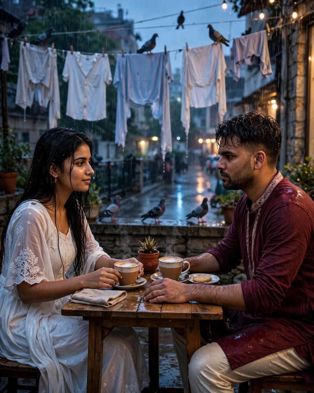 Couple sharing coffee across a small table on a rain-wet terrace, man in maroon kurta, woman in white dress, pigeons on clothes lines