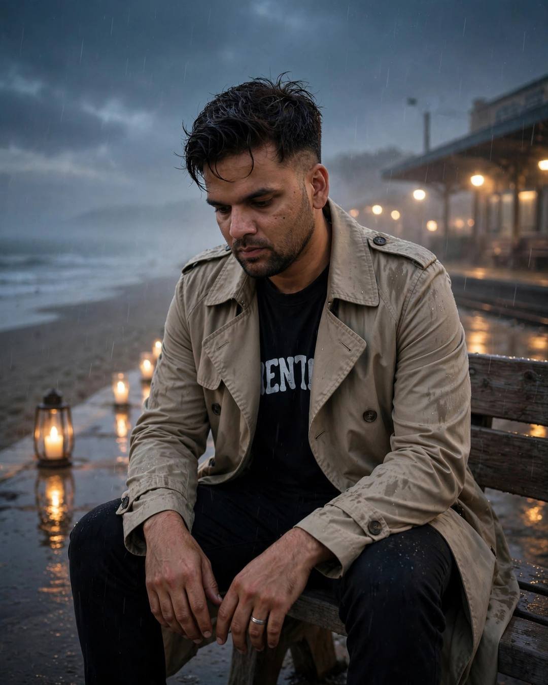 Young Indian man in beige trench coat sitting on a bench with head in hands on a drizzling beach at dusk with lanterns