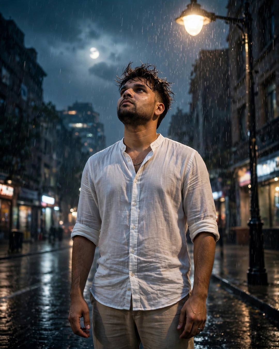 Young Indian man in white linen shirt standing under a streetlamp in the rain at night, face lifted to the sky