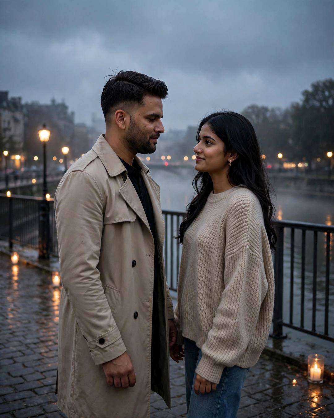 Young couple standing face to face on a bridge over a river at dusk, candles flickering on wet cobblestones around them