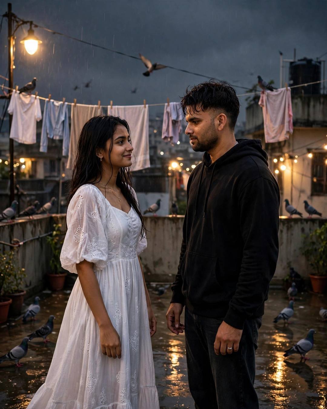 Young couple standing face to face on a rain-wet rooftop terrace at midnight, drying clothes on lines and pigeons around them under streetlamp glow