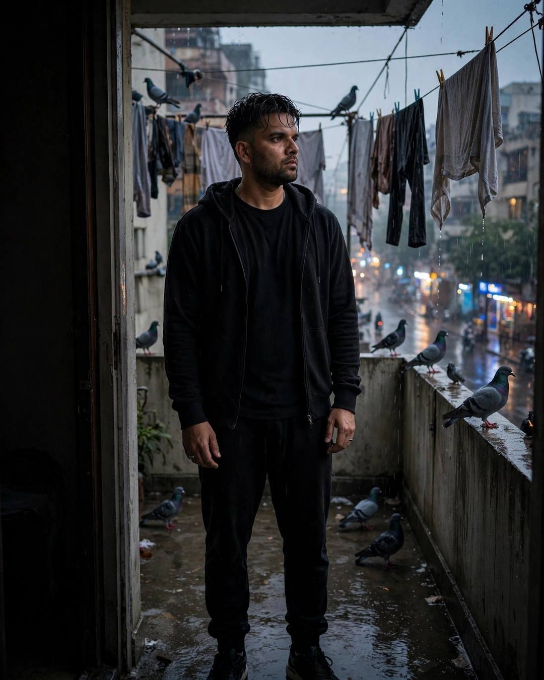 Young man in black streetwear standing in a rain-washed terrace doorway with clothes lines and pigeons at dusk
