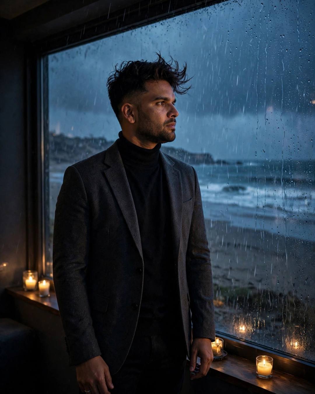 Young man in charcoal blazer and black turtleneck standing at a rain-streaked window overlooking a dark beach