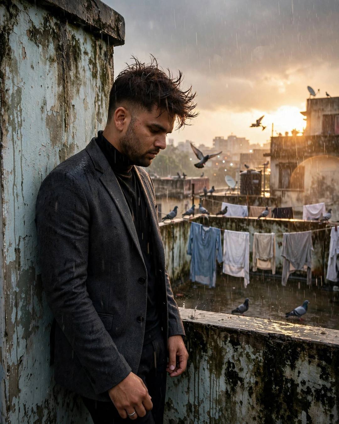 Young man in charcoal blazer leaning against a weathered wall on a rainy terrace with clothes lines and pigeons, golden backlight