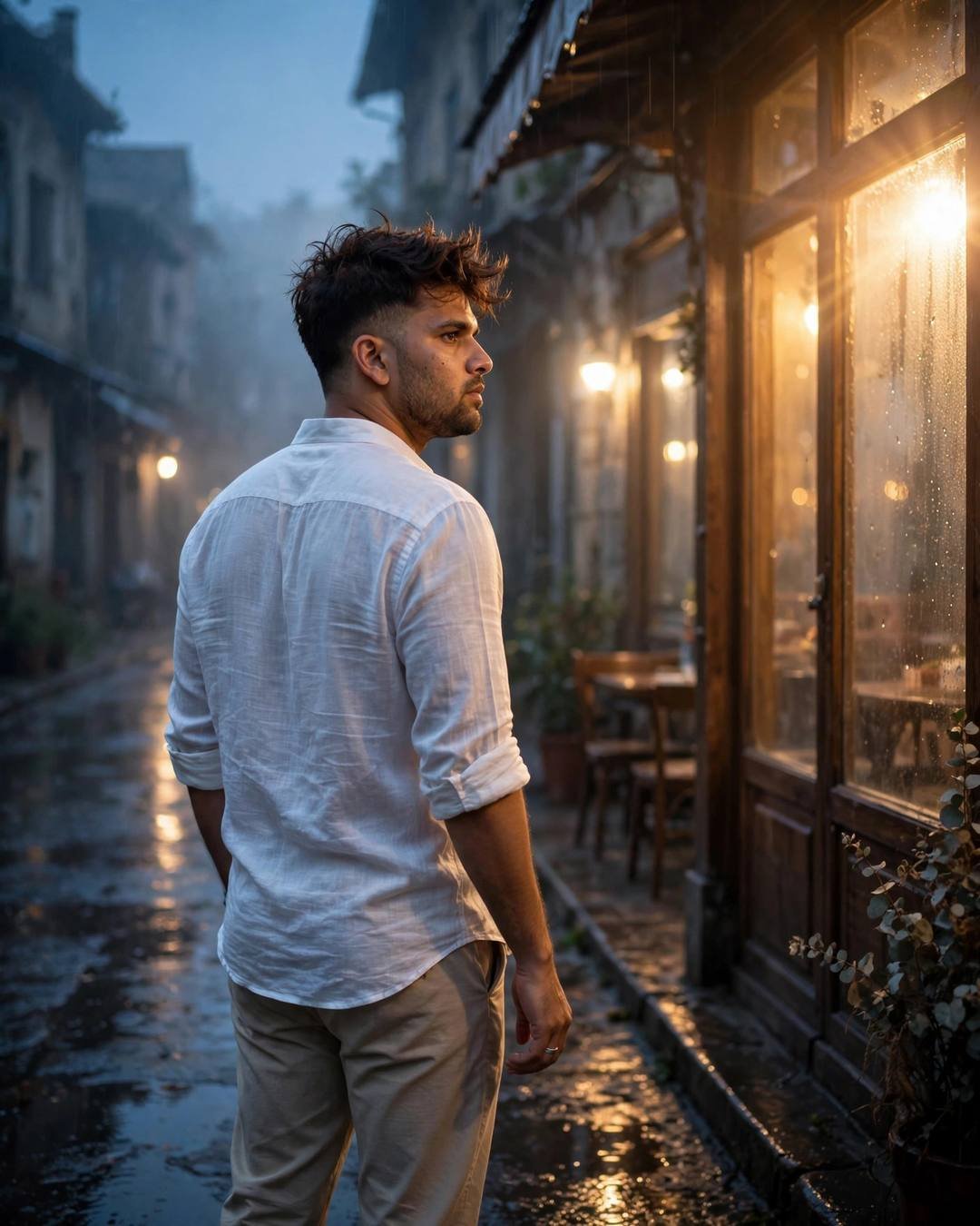 Young man in white linen shirt walking away on a wet street beside a glowing old cafe, glancing back over his shoulder
