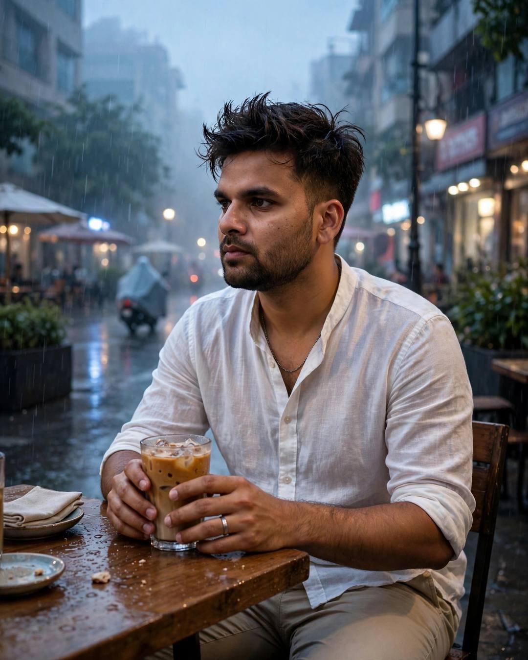 Young man in white linen shirt sitting at an outdoor cafe table with an iced coffee, gazing at a rain-soaked street