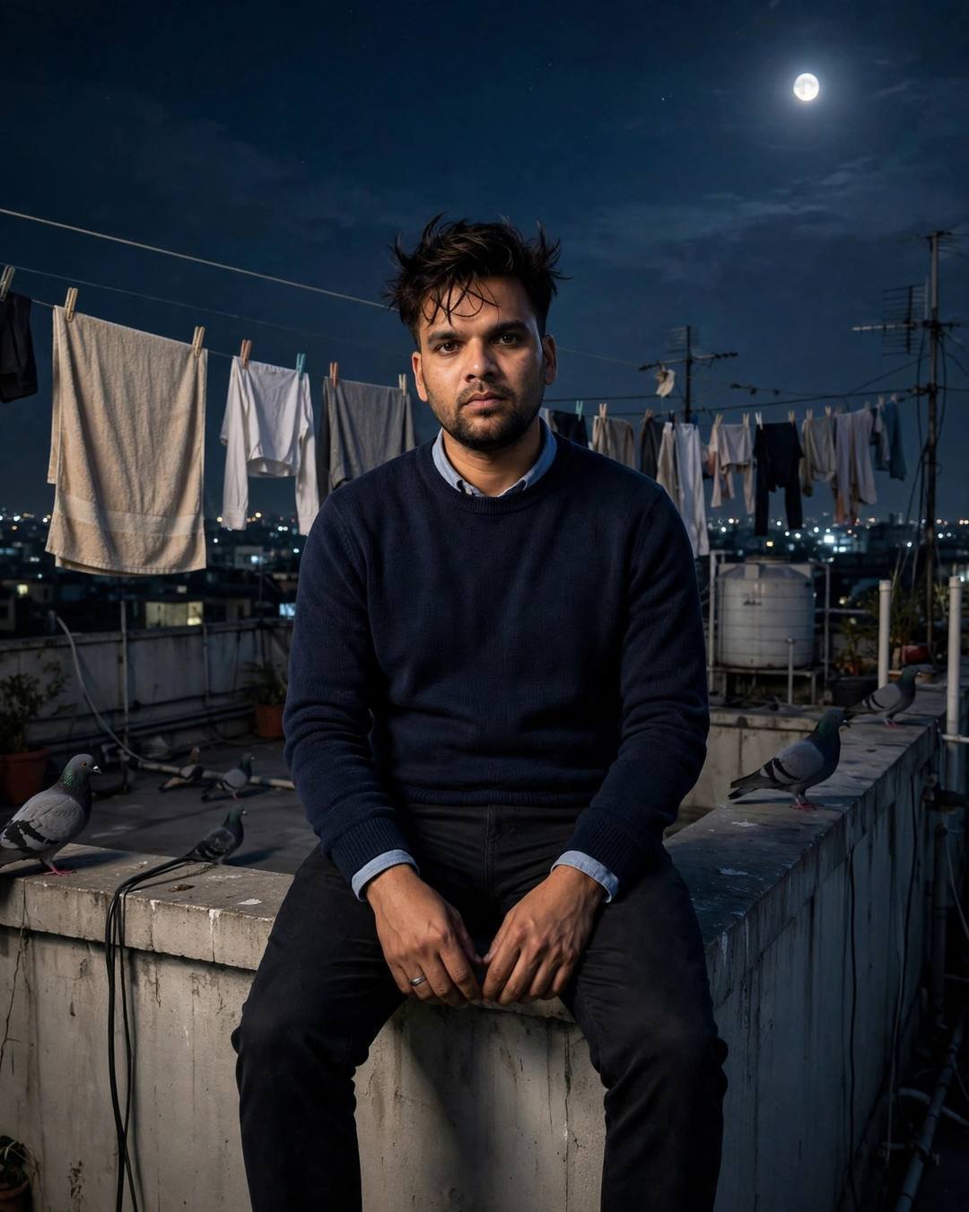 Young man in navy sweater sitting on a rooftop ledge at night, moon overhead, clothes lines and pigeons, city lights beyond