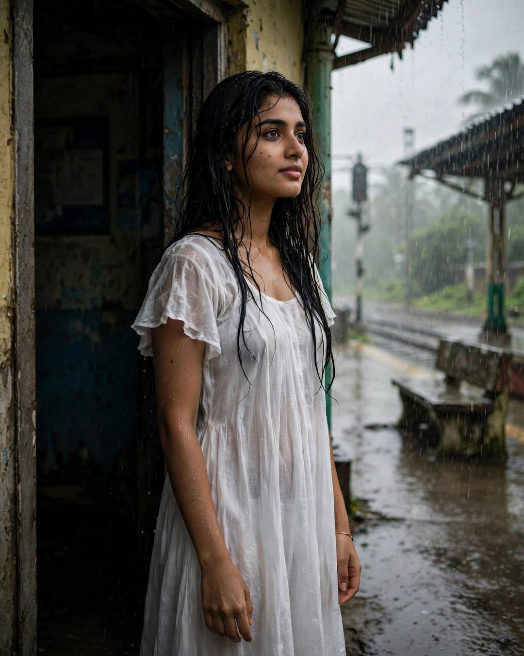 Young Indian woman in flowing white dress standing in a doorway on an empty rainy railway platform