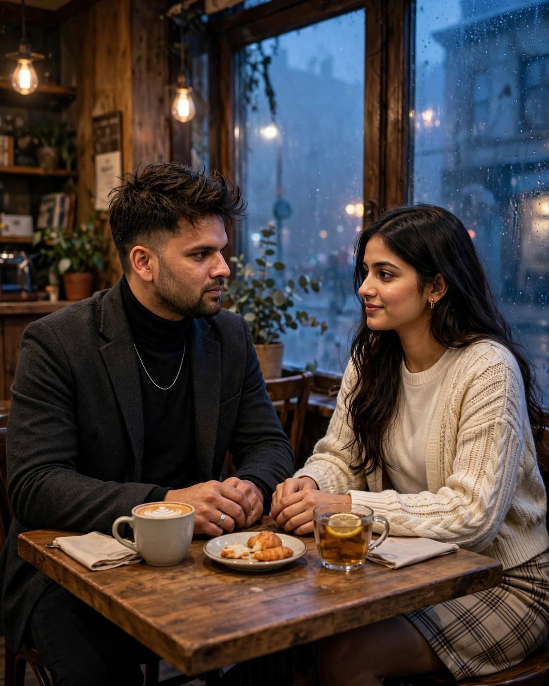 Couple at a cafe table by a fogged window at night, hands almost touching over coffee cups