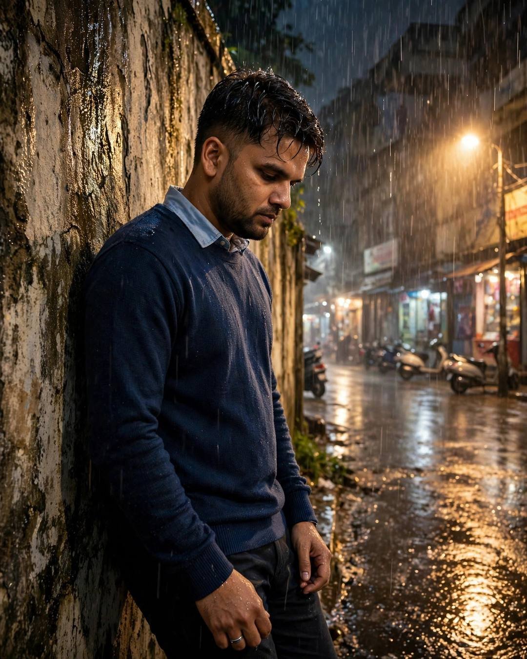 Young Indian man in navy sweater leaning against a weathered wall in heavy monsoon rain, head bowed, city street glowing behind