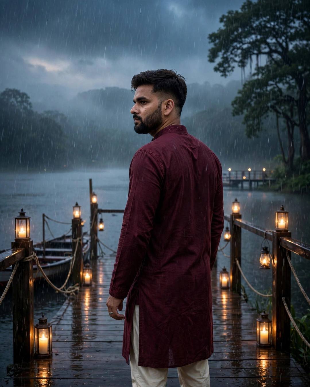 Young Indian man in maroon kurta on a rainy candlelit lake pier, back to camera, looking over one shoulder