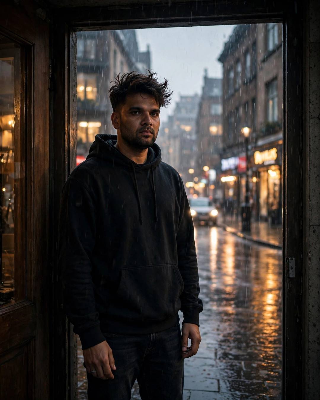 Young Indian man in black hoodie standing in a doorway on a rain-soaked city street at night