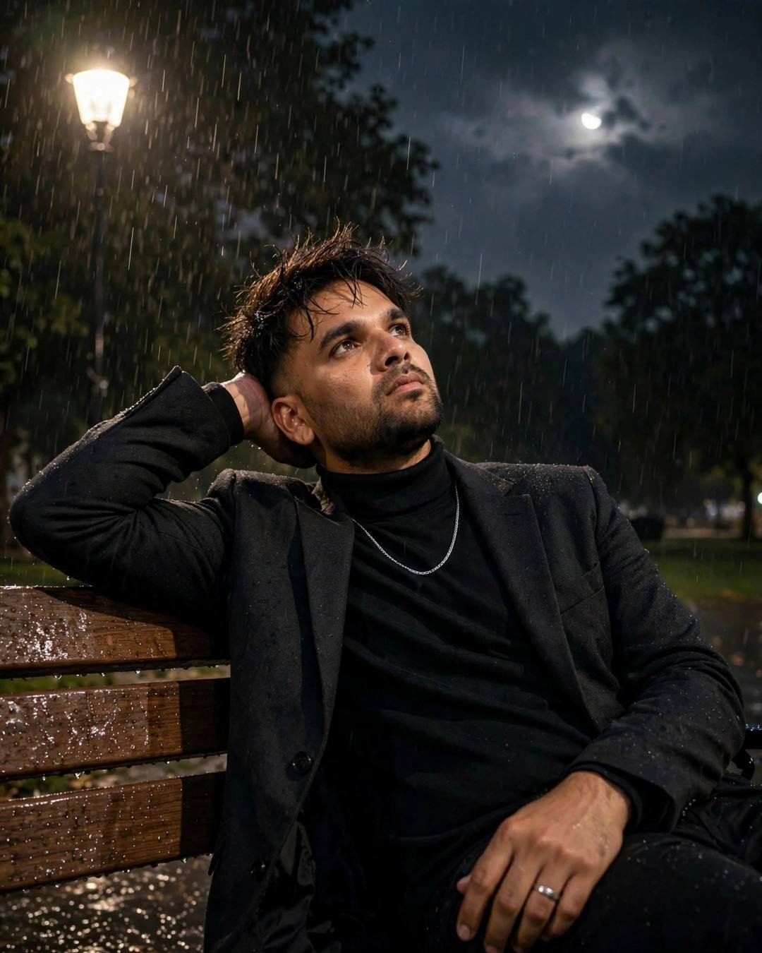 Young Indian man in a charcoal blazer and black turtleneck sitting on a park bench in rain at night, one arm behind his head, gazing up serenely under a lone lamp