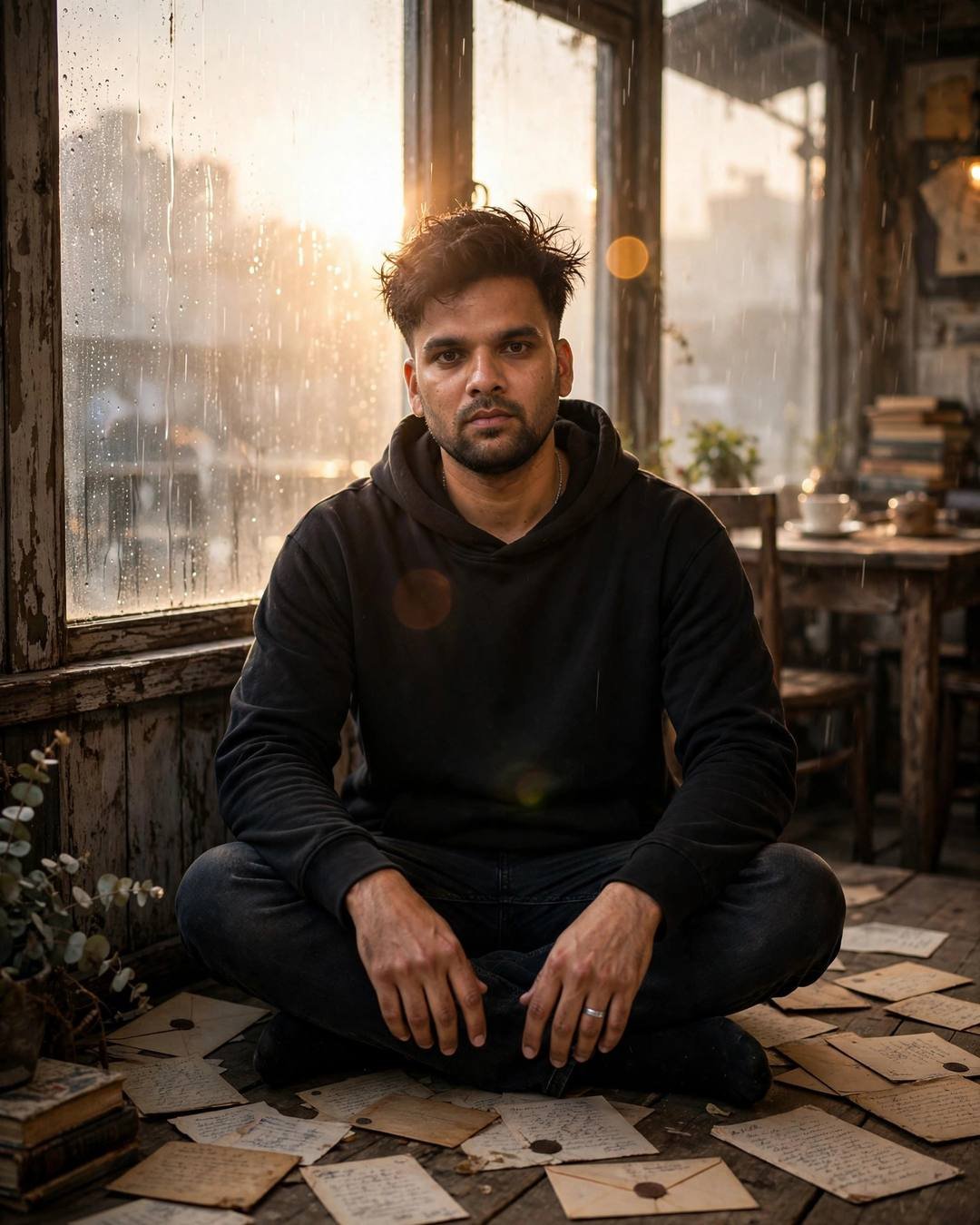 Young Indian man in a black oversized hoodie sitting cross-legged on an old cafe floor surrounded by letters, rain-fogged window with golden dawn backlight