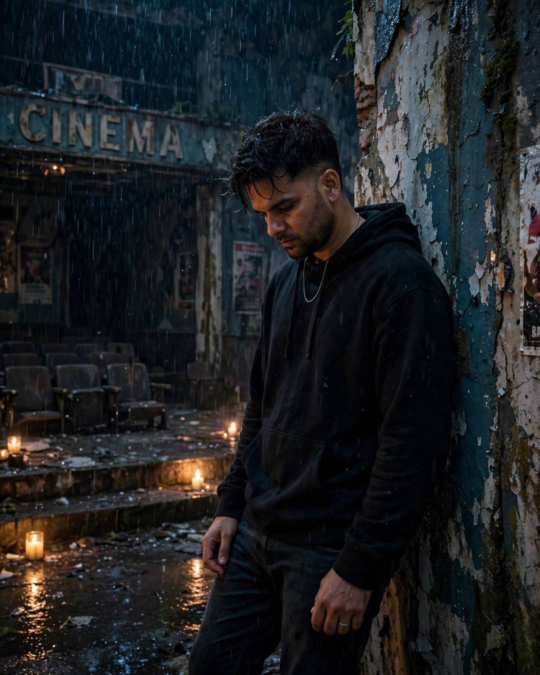 Young Indian man in a black oversized hoodie leaning against a weathered wall in an abandoned cinema hall at midnight, light rain and candlelight
